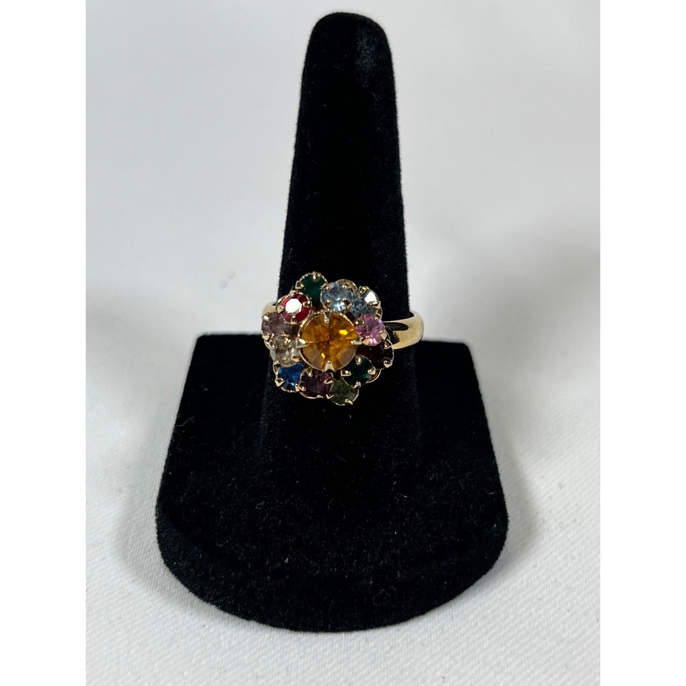 Vintage Judy Lee Multi Color Rhinestone Flower Cocktail Ring Gold Adjustable